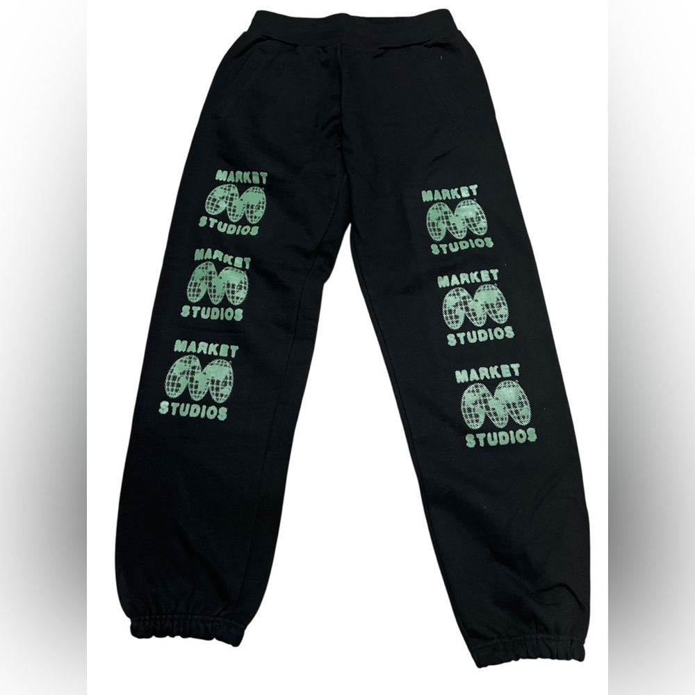 Market Studios men’s sweatpants joggers black green print‎ size medium pockets